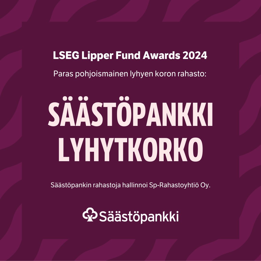 Säästöpankki Lyhytkorko -rahasto on voittanut LSEG Lipper Fund Awards 2024 -palkinnon parhaana pohjoismaisena lyhyen koron rahastona 🎉

Lue lisää ja hanki palkittua rahastoa salkkuusi: bit.ly/voittaja-rahas…
