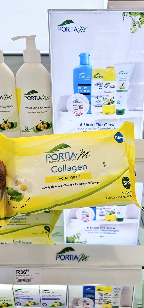 Glowers you asked and we delivered ✨✨💃💃

Introducing the New Portia M Collagen Facial Wipes formulated with ; 

Collagen, Marula Oil , Chamomile , Aloe Vera & Vitamin E

Available  Clicks and Portia M beauty stores 

#PortiaMCollagenWipes 
#ShareTheGlow
