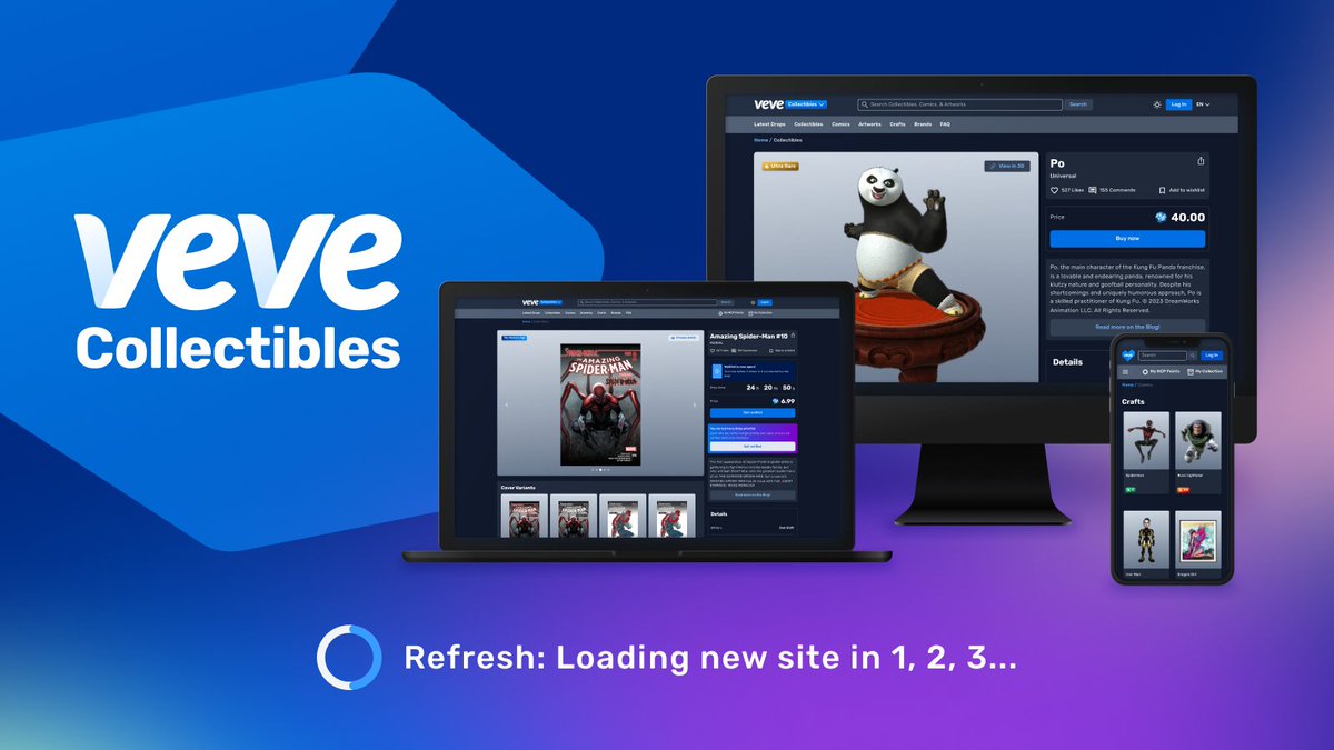 #VeVeFam, hit refresh &amp; explore our new web apps (VeVe 2.0). 🖥️

This is just the beginning. You'll notice Market &amp; Collection are unavailable in VeVe 2.0, they're still accessible in V1. 

💬Let us know your thoughts in the blue feedback widget on go.veve.me/4bgJoMx.