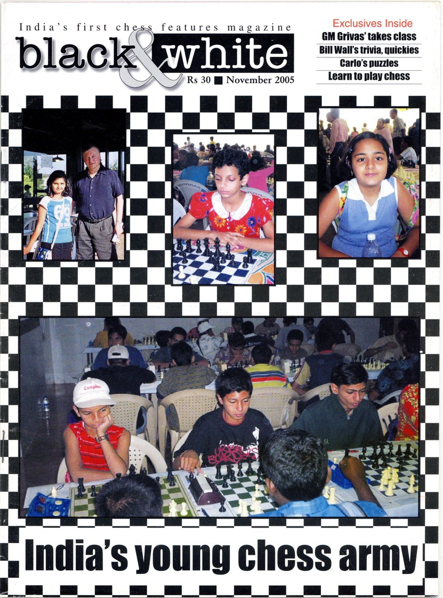 Launched in 2004, this cover of India's first #chess periodical 'Black & White' Nov, 2005 for #ChessTuesday ft. coverage of the subjunior championship. From the @ecfchess library. @librarydmu @garylanechess @chesstutor #chessliterature #chesshistory