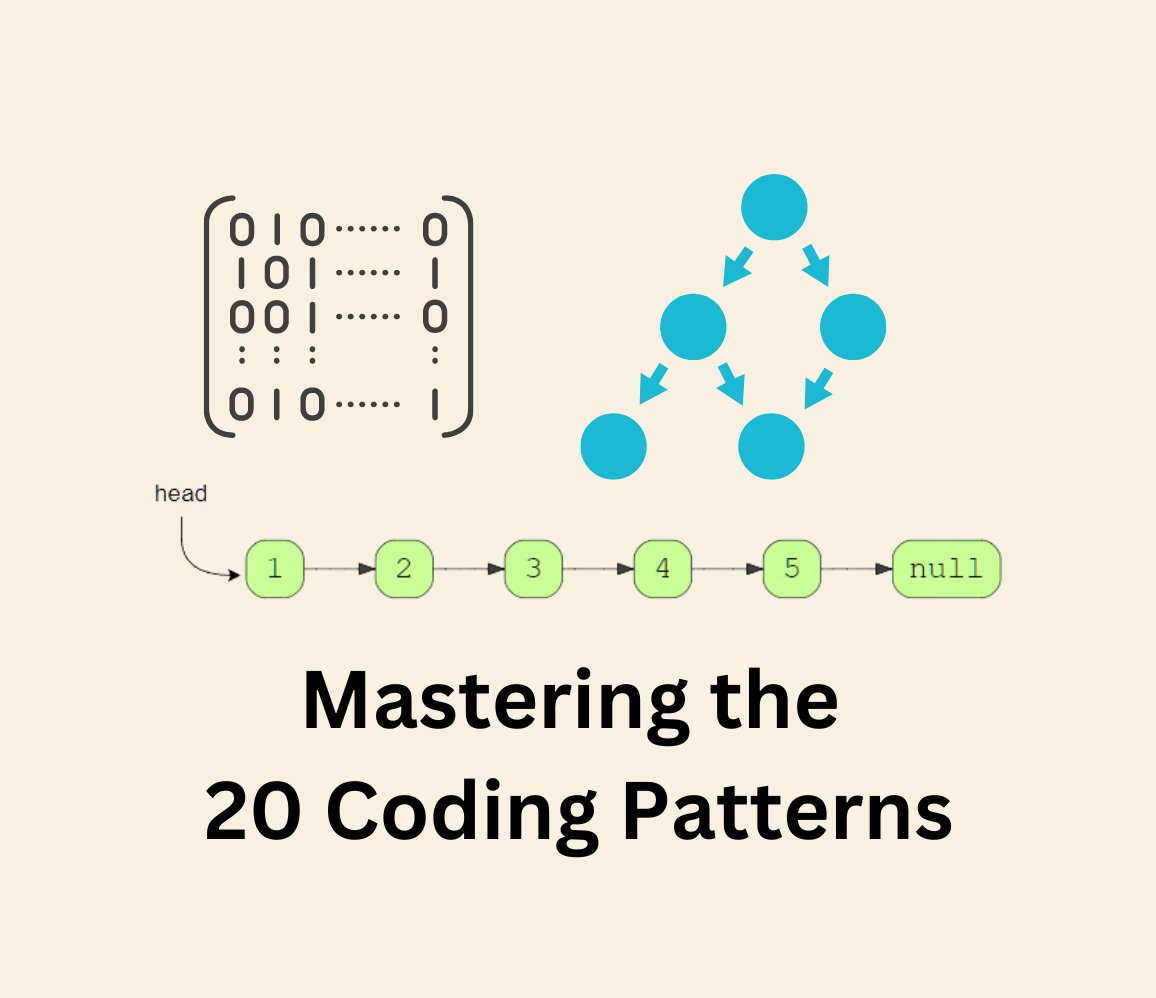10 essential coding patterns for interviews 1. Two Pointers 2. Sliding Window 3. In-place Reversal of a Linked List 4. K-way Merge 5. Dynamic Programming 6. Matrices 7. Tree Depth First Search 8. BFS 9. Hash Maps learn more on DesignGuru - bit.ly/47GmuwL?