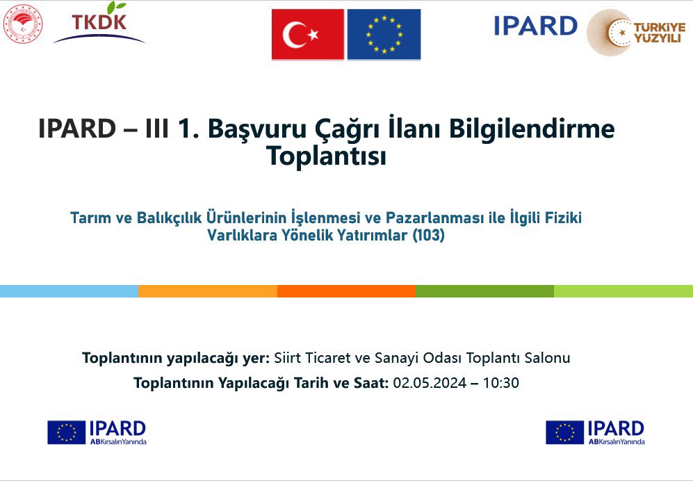 #DUYURU

2 Mayıs 2024 Perşembe günü saat 10:30’da Odamız Konferans Salonu’nda “IPARD III 1. Başvuru Çağrı İlanı Bilgilendirme Toplantısı” düzenlenecektir.

İlgili üyelerimizin katılımlarını bekliyoruz.