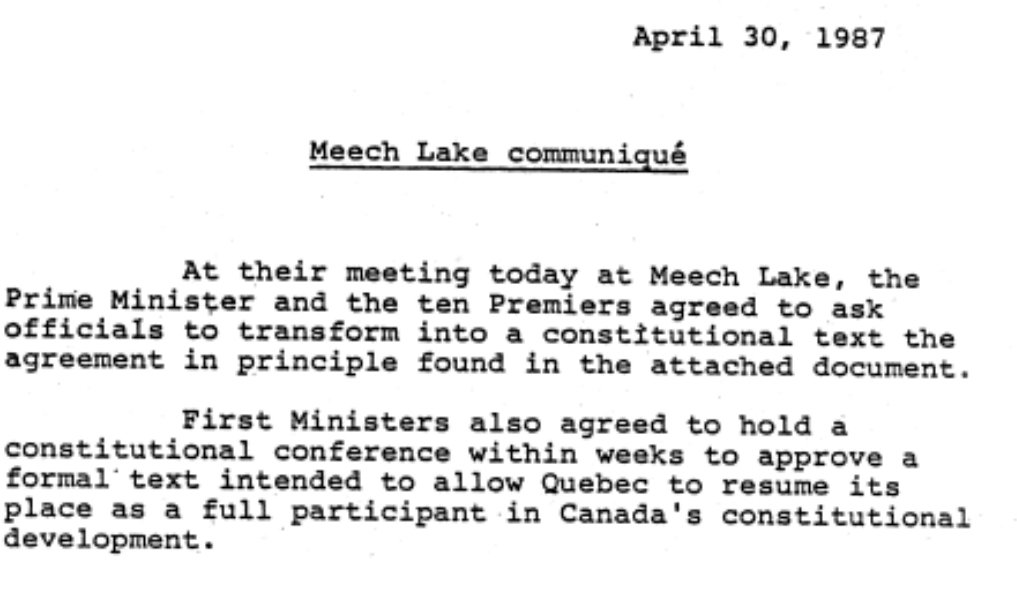 Today in Canadian parliamentary history - April 30, 1987: The Prime Minister and 10 Premiers issue the Meech Lake Communiqué announcing agreement in principle for, among other things, pursuing constitutional entrenchment of Senate reform. Spoiler alert.... yeah, about that :-P