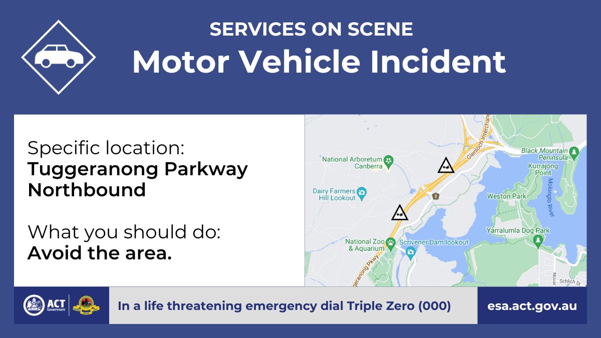 Motor Vehicle Incidents - Tuggeranong Parkway Emergency services are in attendance at two motor vehicle incidents, northbound on the Tuggeranong Parkway. Partial lane closures are in place while the vehicles are cleared from the roadway. esa.act.gov.au/node/6175