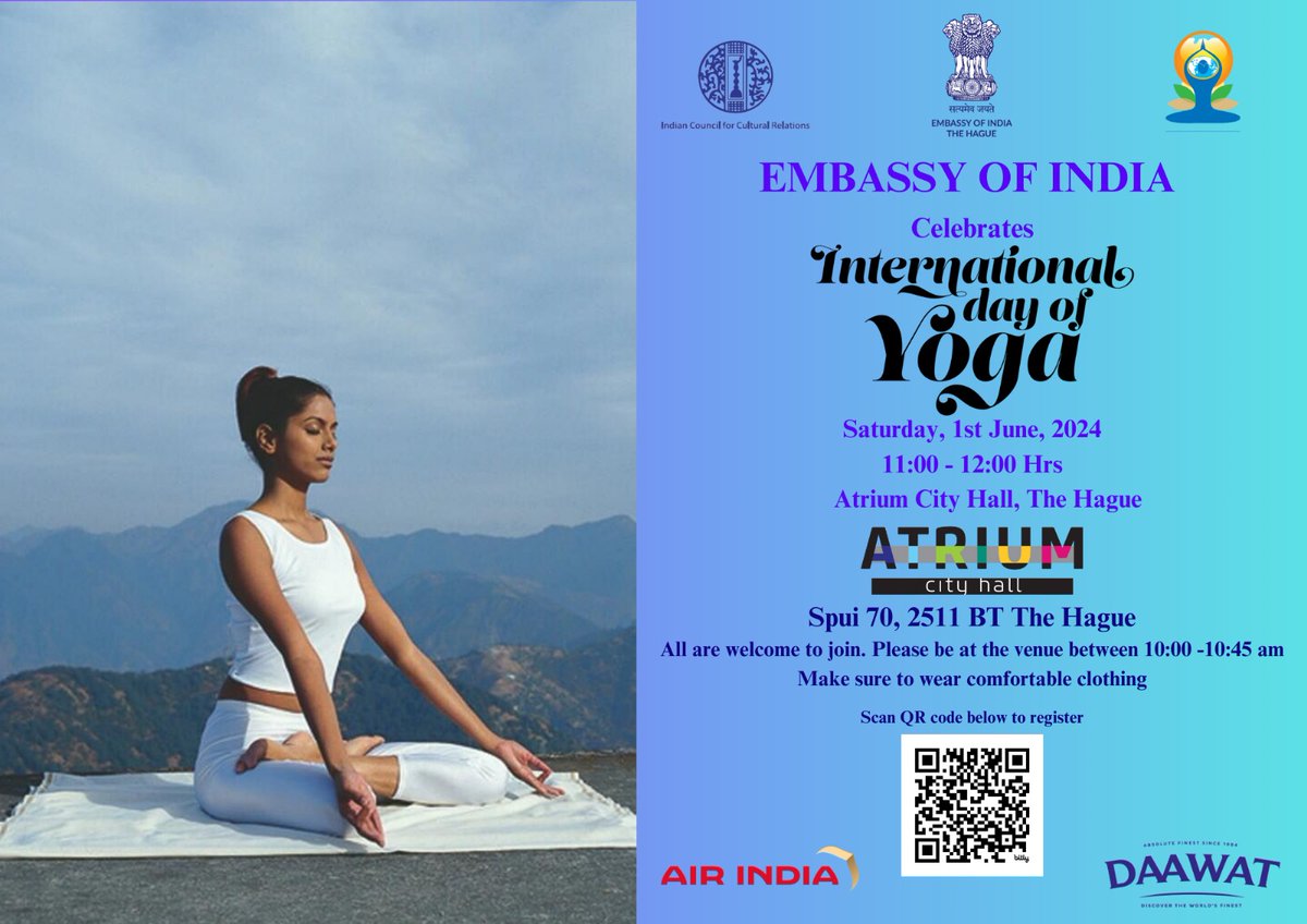 It's time to meet again & embrace the power of #Yoga🧘 to transform our lives!
 
Embassy of India invites you all to join us for a holistic yoga session to celebrate #internationalDayofYoga on Saturday, 1 June @AtriumCityHall 

Register @ bit.ly/4b7fWIY or scan QR code👇🏼