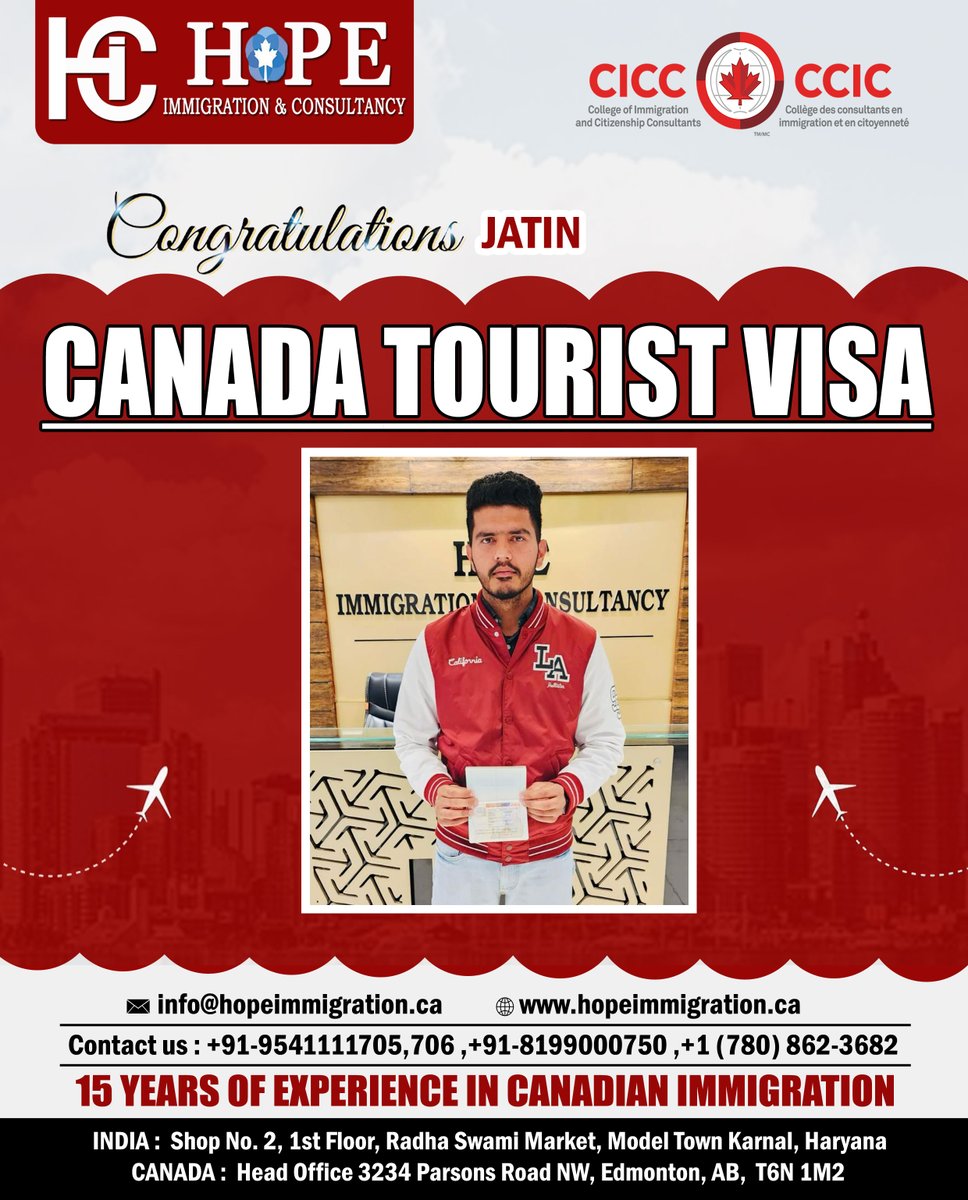 Congratulations Jatin for the Canada Tourist Visa. We wish him good luck in his future Endeavour.

Visit our Branch or Call us at +91 95411 11705,706,+91 8199000750, 0184-4048181,+1 (780) 862-3682

#canadasupervisa #Openworkpermitcanada #workincanada #touristvisa #canadapr