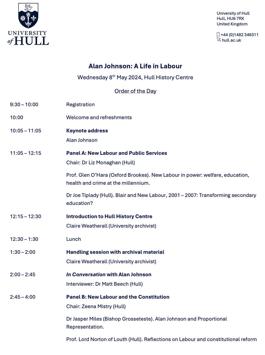 Next week, the Centre for British Politics and the Centre for Legislative Studies will be co-hosting a one-day conference. 🌹Alan Johnson: A Life in Labour 📅10am, Weds 8th May 📍Hull History Centre Register below👇 ticketsource.co.uk/whats-on/hull/…