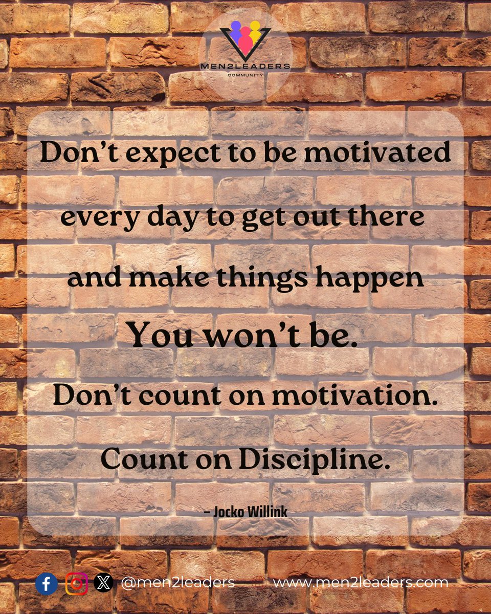 Here is a Truth bomb: Motivation is non-lasting, but discipline is reliable. When the spark fades, discipline keeps the flame alive. Cultivate discipline through building habits that thrive on commitment, not just motivation. 
.
.
#StayDisciplined
#AchieveYourGoals
#Men2leaders