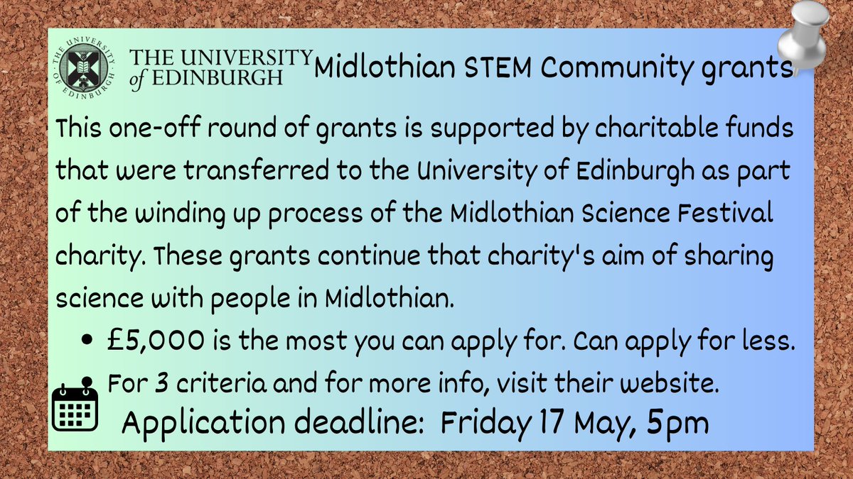 Funding alert‼️ This grant will only fund work benefitting residents of Midlothian. If you have an existing STEM-related project that you’d like to expand to Midlothian, this is eligible. @lasckids1 @_MYPAS @Y2K_Project @RUTSUK ➡️ed.ac.uk/local/communit…