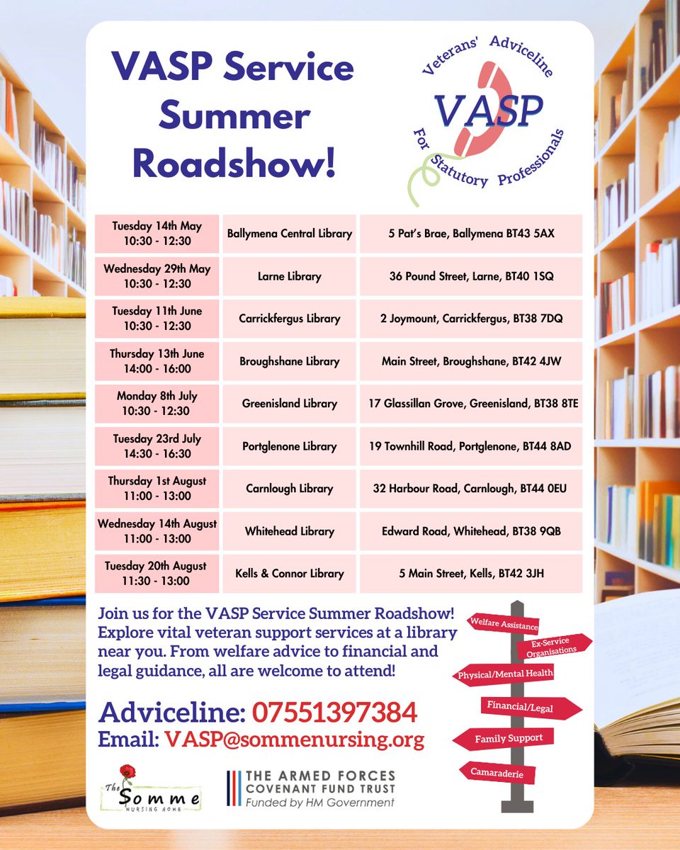 The VASP service is going on tour this summer! Explore vital veteran support services at a library near you. From welfare advice to financial & legal guidance, all are welcome to attend! For more information contact the VASP Adviceline 07551397384 or email VASP@sommenursing.org