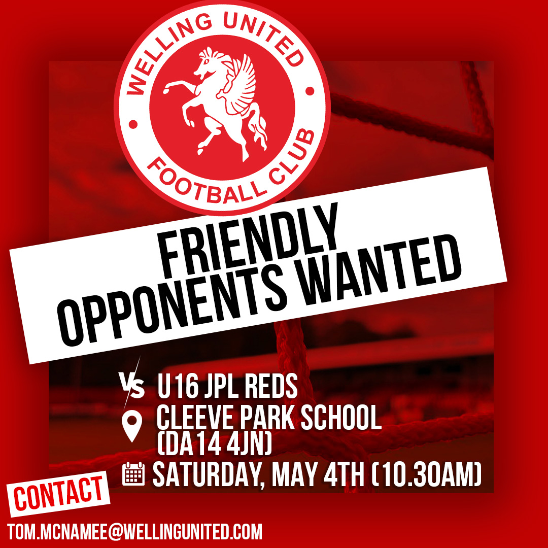 🚨 OPPONENTS WANTED! We're looking for a friendly opponent on Saturday for our U16 JPL Reds side. 📍 Cleeve Park School 📆 Sat, May 4th ⏰ 10.30am 📧 Email tom.mcnamee@wellingunited.com to get in touch #wearewings