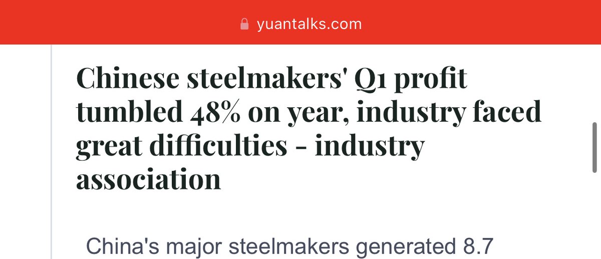 #Chinese steelmakers' profit tumbled 48% y/y in Q1, steel sector faced great difficulties - industry association yuantalks.com/the-wire-live-…