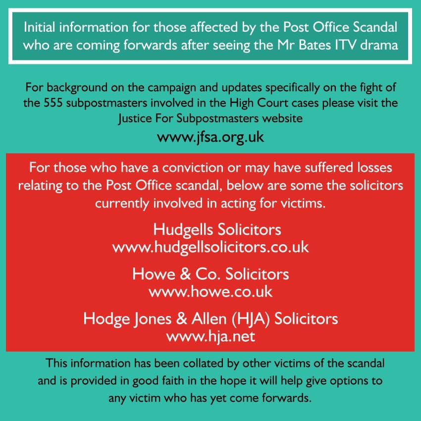 For anyone associated with the post office scandal or thinking or claiming . PLEASE use only reputable lawyers , there are horror stories of lawyers asking for upfront payment, taking 20% of your money and unqualified ex subpostmasters offering services free of charge .…