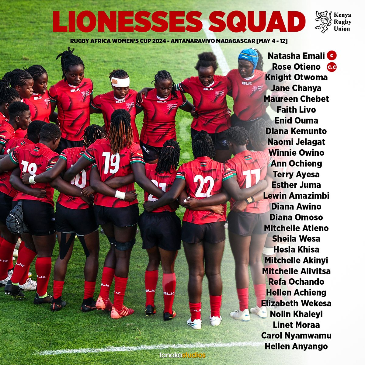 The Lionesses are ready to roar in Madagascar! Kenya Lionesses 15s squad named for Rugby Africa Women's Cup (May 4-12) led by Captain Natasha Emali. #RugbyKE