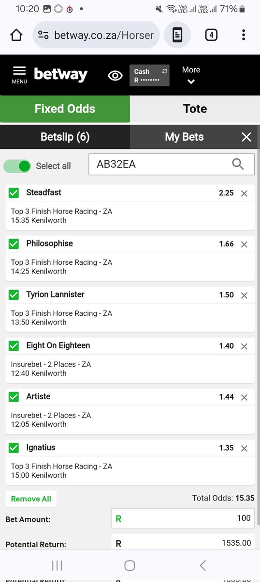 I also like this ticket but bit risky 👇🏽🇿🇦🏇 Goodluck..for more winning Connections Link on Bio 👍🏽 have a nice afternoon today at Kenilworth.

NB.. I'll not taking number picks due to some ppl who don't understand.. so atleast I manged with the codes.