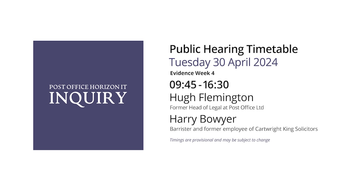 Today's hearings begin at 9:45 am. We will hear from Hugh Flemington, former Head of Legal at Post Office Ltd, followed by Harry Bowyer, Barrister and former employee of Cartwright King Solicitors. Follow the proceedings 👇: youtube.com/watch?v=HvYbKg… #PostOfficeInquiry