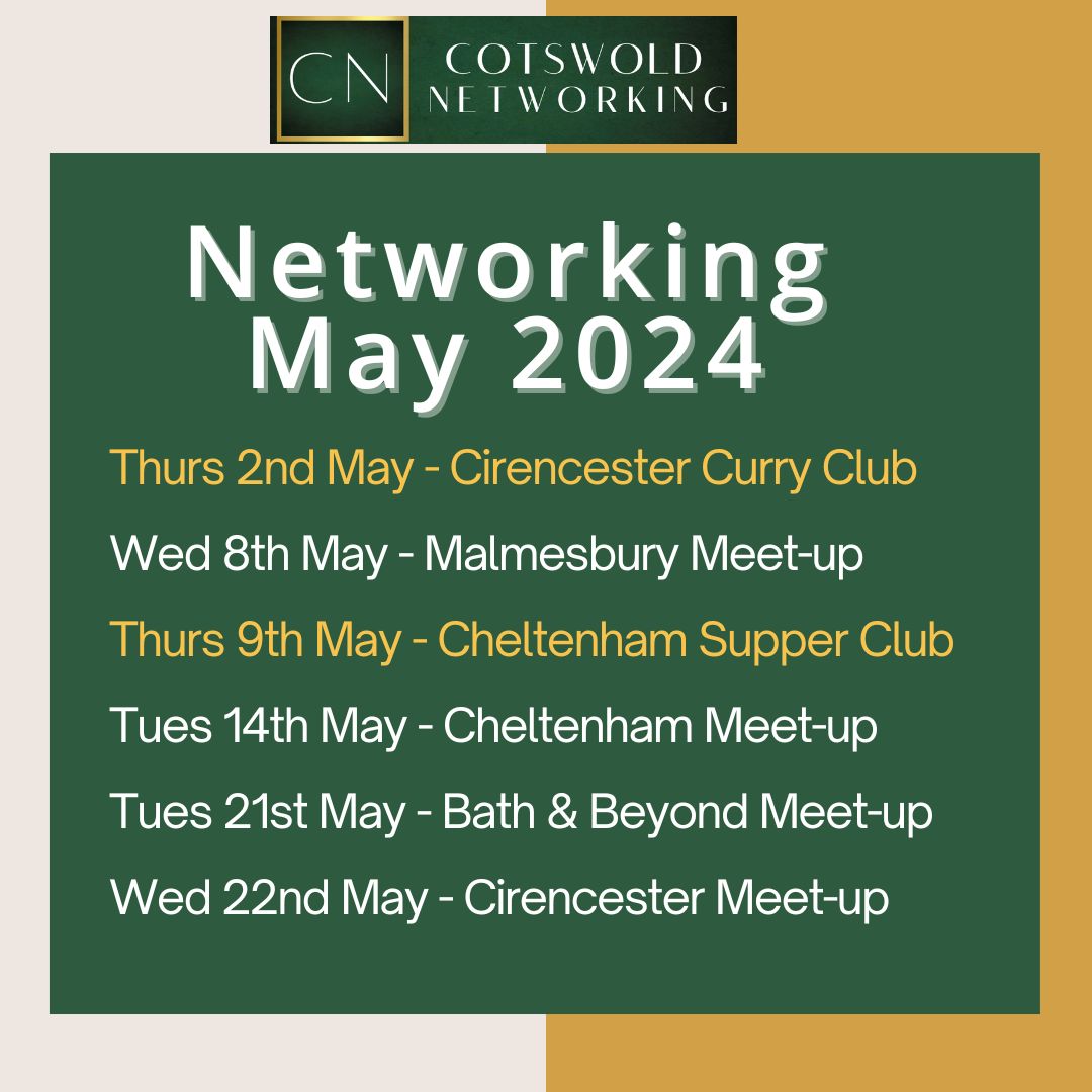 Here are the dates you don't want to miss for networking this May! Seize the opportunity to join one of our meet-ups and dive into the benefits and excitement of business networking. Book online on our website cotswoldnetworking.co.uk #cotswoldnetworking #businessnetworking
