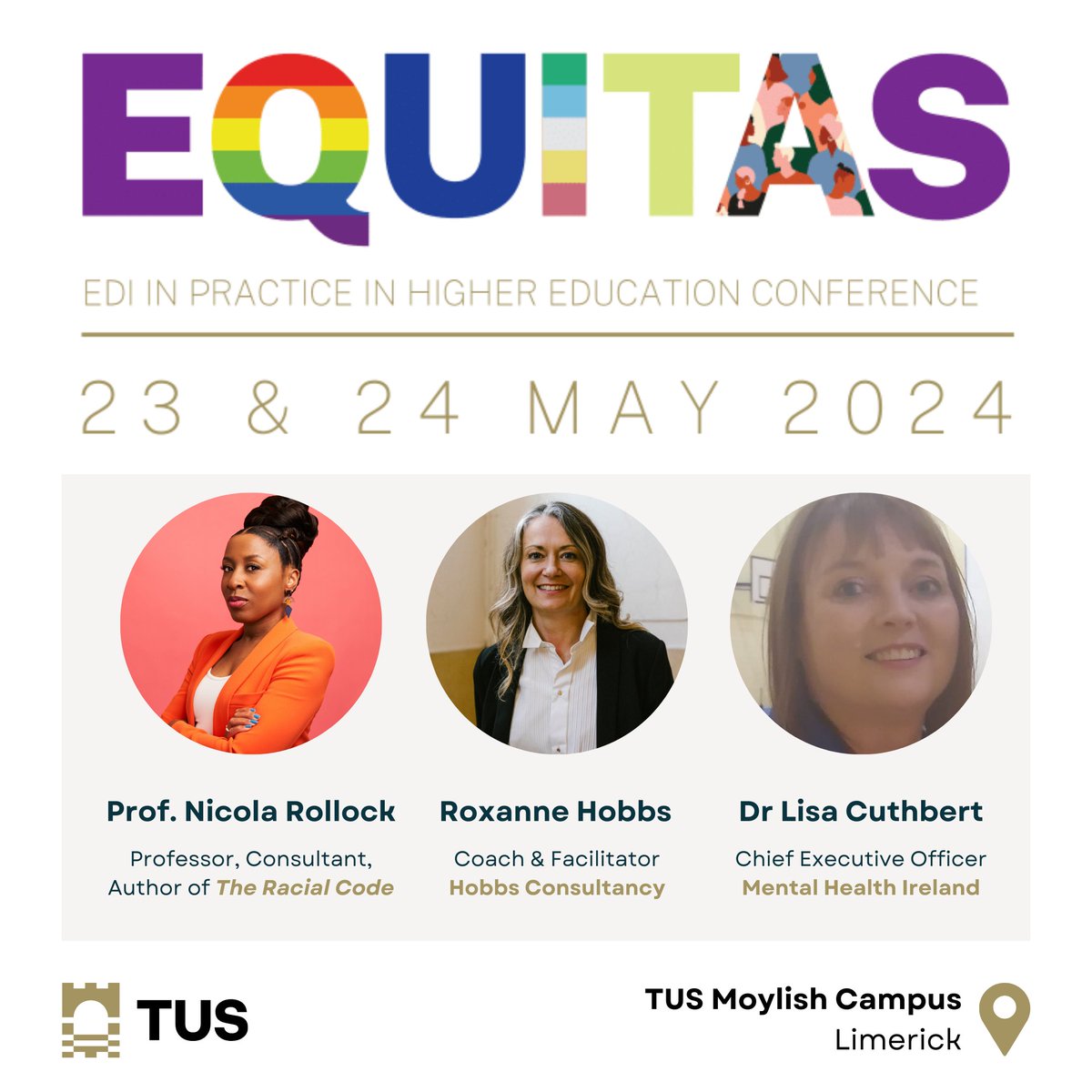 The Equitas EDI in Practice in Higher Education conference will be held in @TUS_ie Moylish on the 23rd/24th May. The conference is open to all who are interested in EDI in Higher Education. Places are going fast. Book now or learn more here: tus.ie/edi/practice-i…