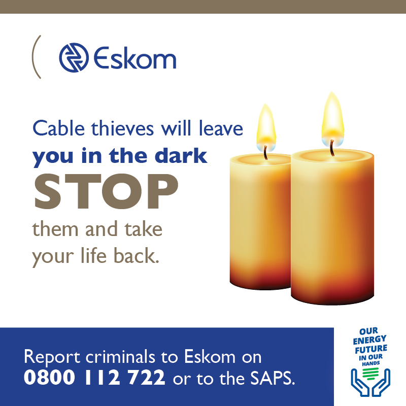 Don't let cable thieves leave you in the dark. Combat electricity theft and vandalism by reporting incidents to 0800 112 722 or to the SAPS at 10111. Actively participate in reclaiming your power and ensuring a reliable supply of electricity for your community's well-being.