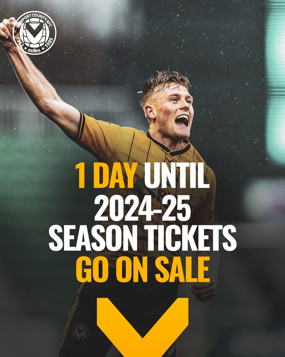 There’s just 1️⃣ day to go! 🙌 Our 2024-25 season tickets go on sale tomorrow morning at 10am. 🎟️ Get ready to secure your seat and be a part of the Amber Army 👉 newport-county.co.uk/news/2024/apri… #NCAFC