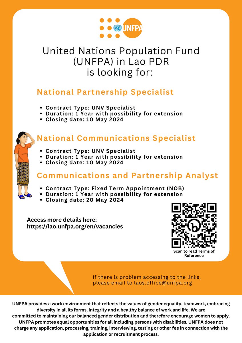 UNFPA Lao PDR is looking for dedicated candidates for three key roles:

National Partnership Specialist
unf.pa/49UvZbP
National Communications Specialist
unf.pa/3QncWQK
Communications and Partnership Analyst
unf.pa/3xQYTw6

#UNFPALaoPDR #JobOpportunity