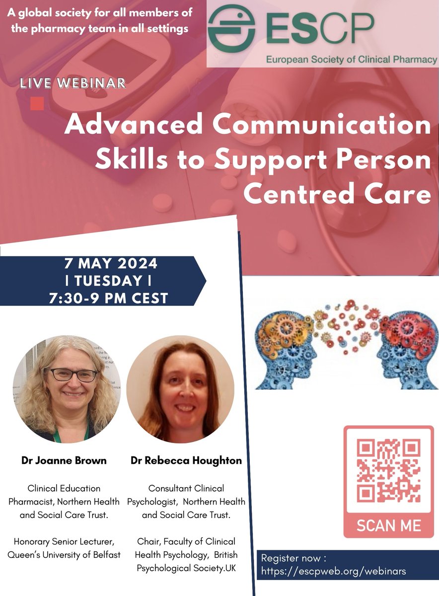 *Great opportunity for professional development* Will cover - person centred care, communication skills, helpful conversations FREE for members, €25 for non-members Scan QR code to register. For registration: bit.ly/3q98tqC #pharmacy #pharmacists #clinicalpharmacy