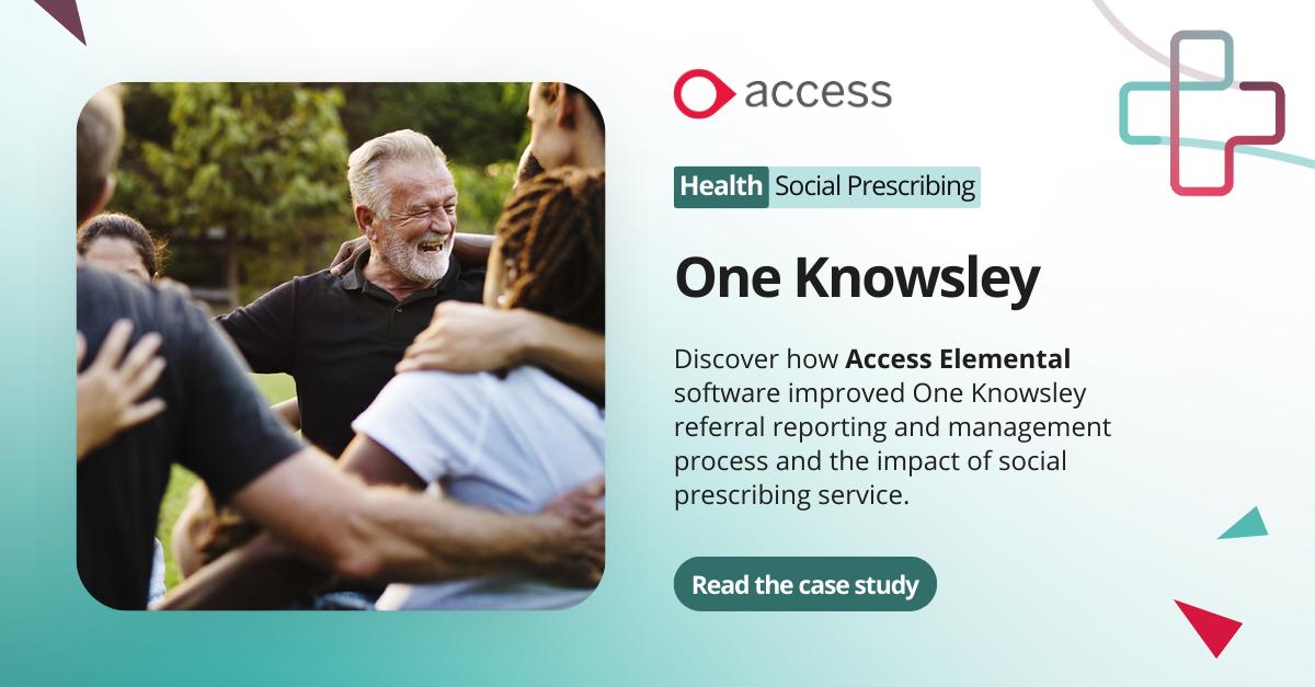 Case Study - One Knowsley

Discover how One Knowsley managed to overcome its challenges thank to the Access Elemental Social Prescribing software.

Read the full case study: ow.ly/YsTE50RqxV8

#AccessElemental #SocialPrescribing #CaseStudy