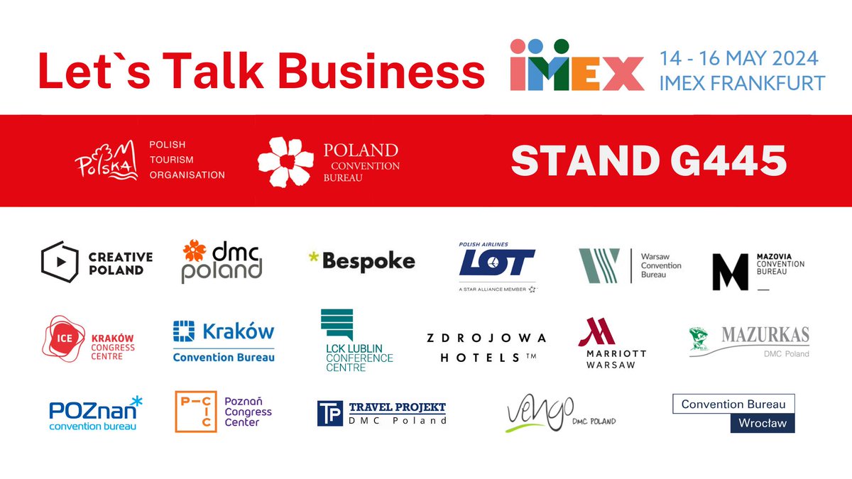 The IMEX Frankfurt 2024 in just 2 weeks - book meetings now. 17 Polish exhibitors will showcase their MICE offerings at stand G445 in Hall 8 of Messe Frankfurt. imex-frankfurt.com/newfront/exhib… #imex24 @IMEX_Group