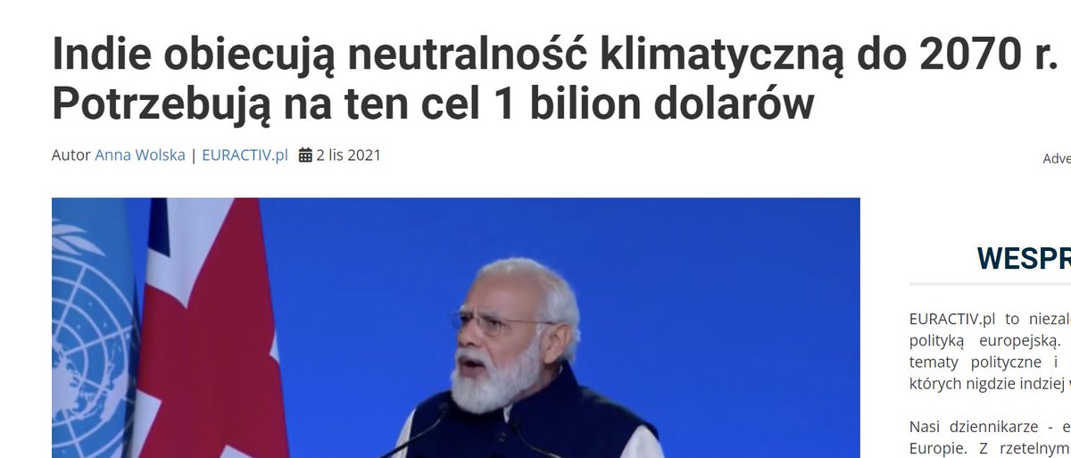 'Indie jednak domagają się pomocy finansowej, aby osiągnąć swoje ambitne klimatyczne cele, zwłaszcza te, które są zaplanowane do 2030 r. Modi ocenił, że będzie na to trzeba przekazać Indiom co najmniej 1 bln dolarów' euractiv.pl/section/energi…