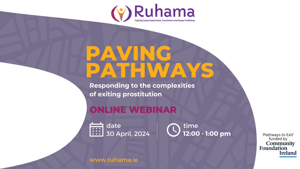 Looking forward to #PavingPathways today's webinar discussing women's journeys out of prostitution and the complex supports they need. Taking place at 12pm with speakers Ruth Breslin @SerpUcd, @ClionaNi & @miadefaoite Join us! bit.ly/RuhamaPavingPa…