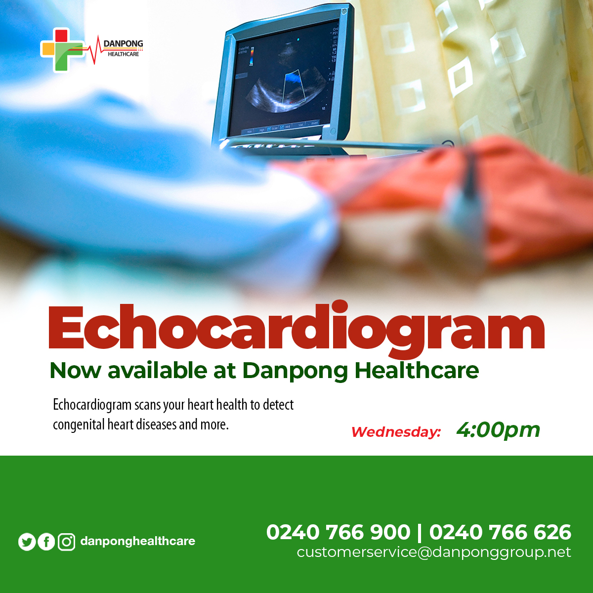 Echocardiogram now available at Danpong Healthcare.
Wednesdays - 4:00pm

Echocardiogram scans your heart health to detect
congenital heart diseases and more.

#Danpongcares
#Healthyandhappy