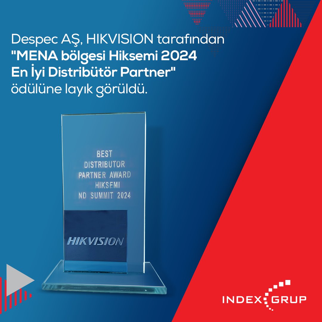 Index Grup şirketlerimizden Despec AŞ, HIKVISION tarafından ‘MENA bölgesi Hiksemi 2024 En İyi Distribütör Partner’ ödülüne layık görüldü. Bizi bu ödülle onurlandıran değerli üreticimiz HIKVISION’a ve bu başarıya ulaşmamızı sağlayan iş ortaklarımıza teşekkür ederiz.