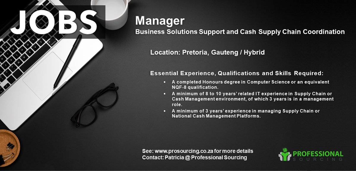 prosourcing.co.za/jobs/manager-b…

A leading blue chip financial services institution has a brilliant opportunity available for an experienced Manager - Business Solutions Support and Cash Supply Chain Coordination.

#supplychain #CashManagement #jobopportunity #recruiting #prosourcing