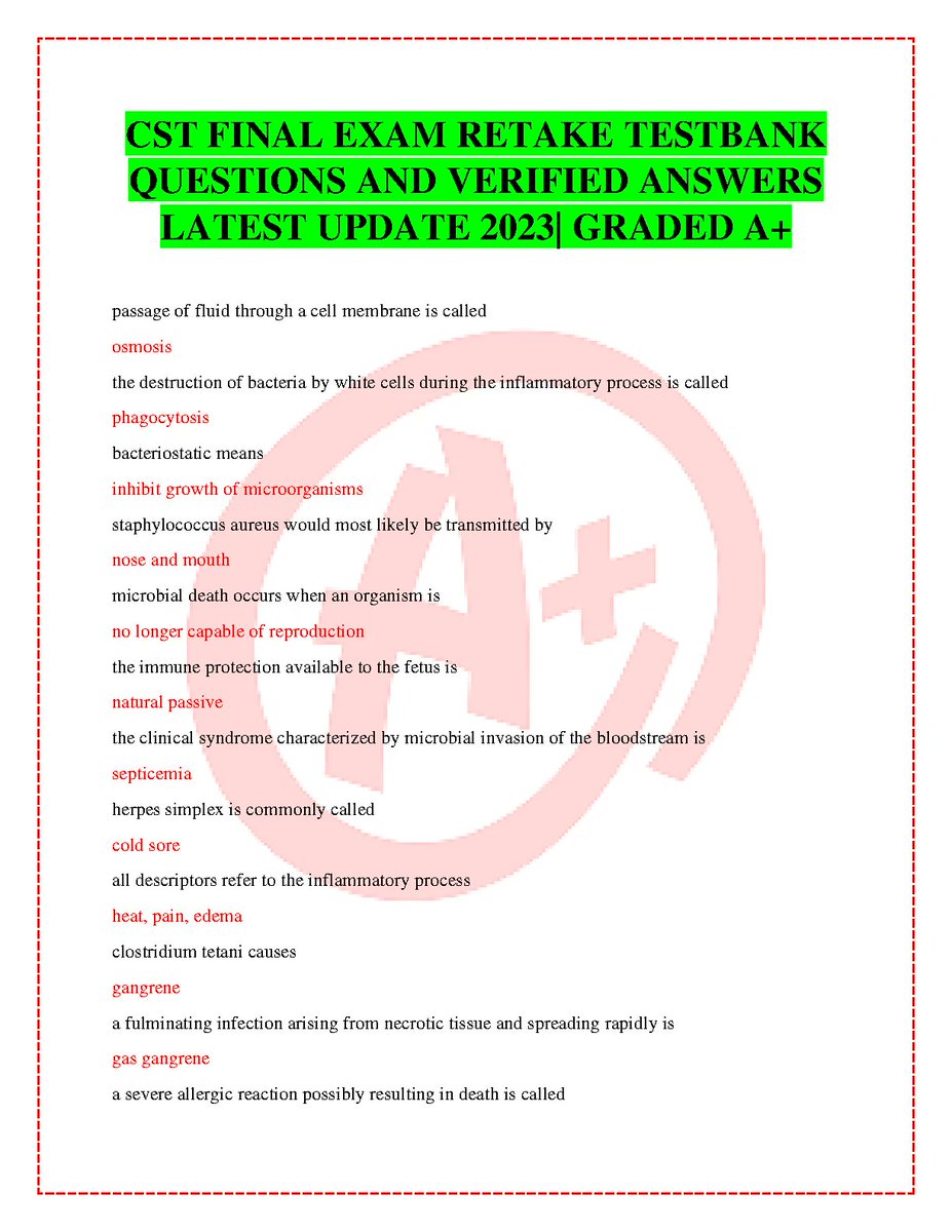 CST FINAL EXAM RETAKE TESTBANK QUESTIONS AND VERIFIED ANSWERS LATEST UPDATE 2023 GRADED A+
hackedexams.com/item/9121/cst-…
#FINALEXAM #TESTBANK #QUESTIONS #VERIFIEDANSWERS #hackedexams