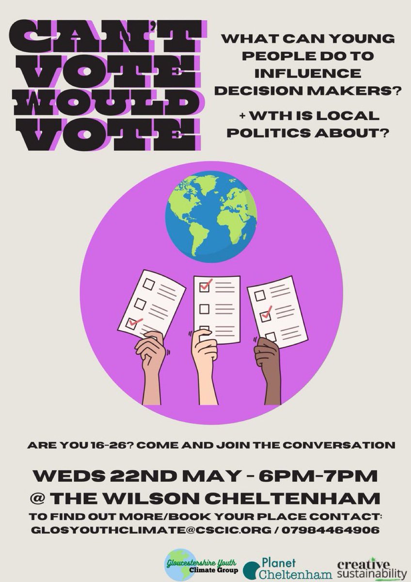 Join our youth climate group and <a href="/cscicorg/">Creative Sustainability💙</a> GYCG at this event on the 22nd May <a href="/TheWilsonChelt/">The Wilson</a> to find out more about local democracy and how to get involved! Don’t forget to vote this Thursday and bring ID too.