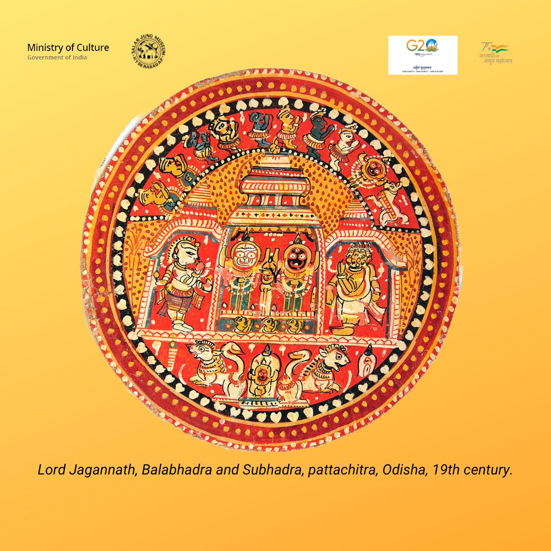 A ‘pattachitra’ painting with - Lord Jagannath, Balabhadra and Subhadra. Three arched facade in the middle is a ‘gopuram’. The figure of ‘navagunjara’, a mythical creature made of 9 animals is depicted at the bottom, Odisha, 19th century.
1/2
#SalarJungMuseum #PuriJagannath