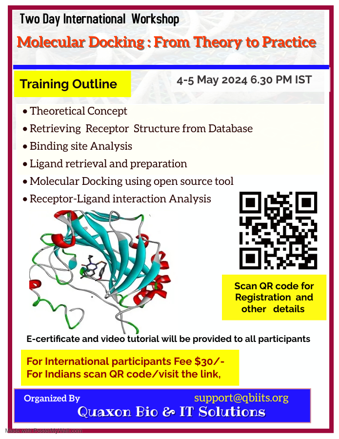 2 Day International workshop on Molecular Docking, for all #bioscience fellows. Registration link 
bit.ly/4dgcvRV must join today #bioinformatics #computationalbiology #botany #zoology #pharmaceuticalindustry #breaking_news