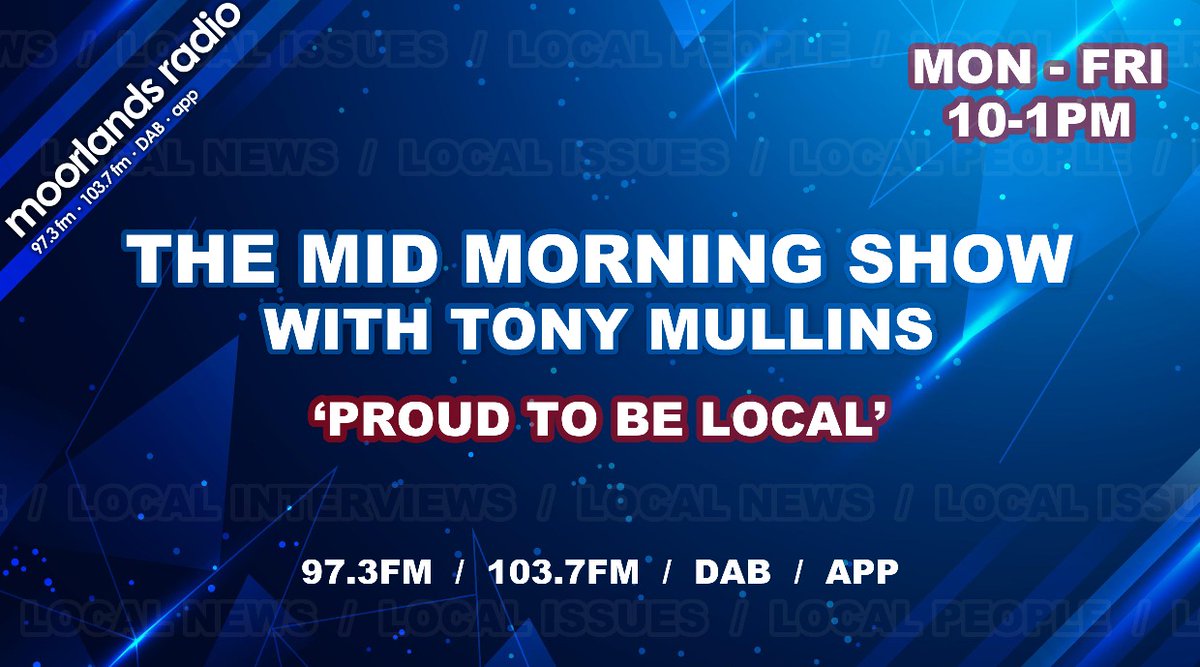 Join Tony Mullins for great conversation and the best coverage of local issues on #MoorlandsMidMornings
From 10.00am to 1.00pm
Every weekday on @moorlandsradio
🔊 moorlandsradio.co.uk/player

#LocalRadio #StaffordshireMoorlands 
#NorthStaffordshire #SouthCheshire