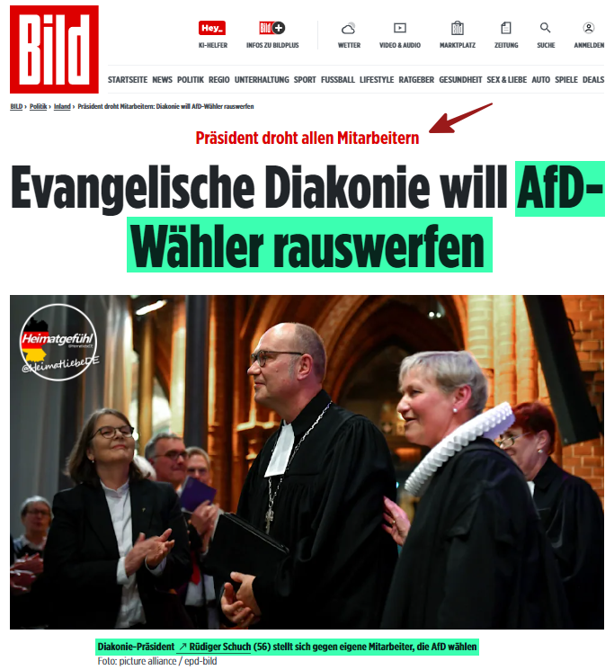 Die evangelische Diakonie will alle Mitarbeiter, die AfD Wähler sind, rauswerfen.

Erinnert an sehr dunkle Zeiten.

Ich stelle mir jedoch zwei Fragen:
- Erstens, woher möchte man wissen, welcher Mitarbeiter AfD-Wähler ist? 
- Zweitens, ist dies nicht verfassungswidrig?