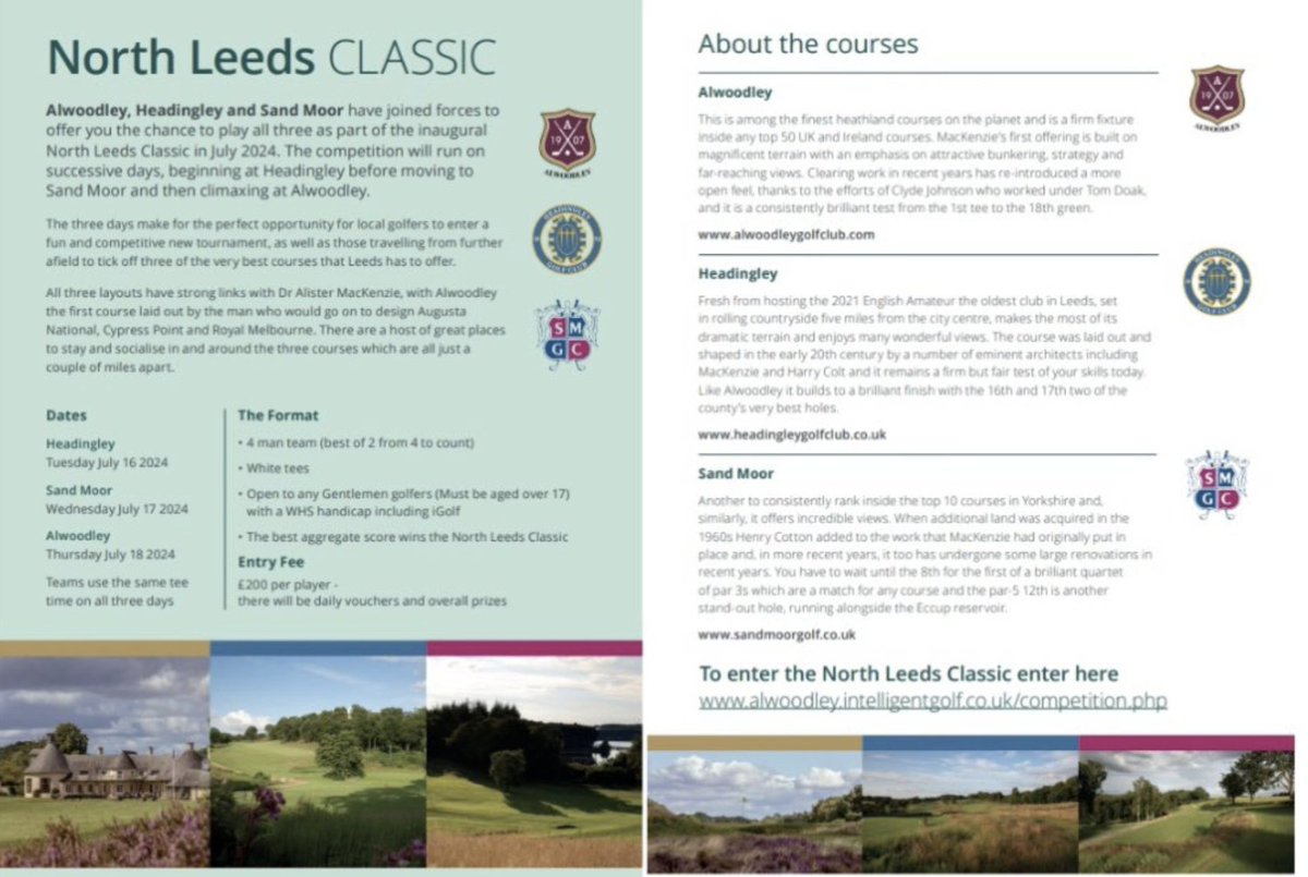 This year sees the inaugural North Leeds Classic which is played at Alwoodley, Headingley and Sand Moor

All courses have links with Dr Alister MacKenzie and are within five minutes of one another

£200 per player, there are a handful of spots left 👇

alwoodley.intelligentgolf.co.uk/visitoropen.ph…