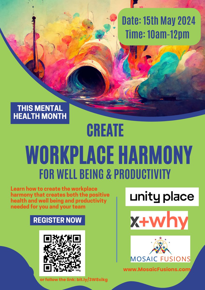 May is just around the corner with a focus on #MentalHealth With this in mind, do join me at @xandwhyspace in #MiltonKeynes on the 15th May from 10am-12noon, for a Leadership Workshop on creating Workplace Harmony. Ref: eventbrite.co.uk/e/create-workp…