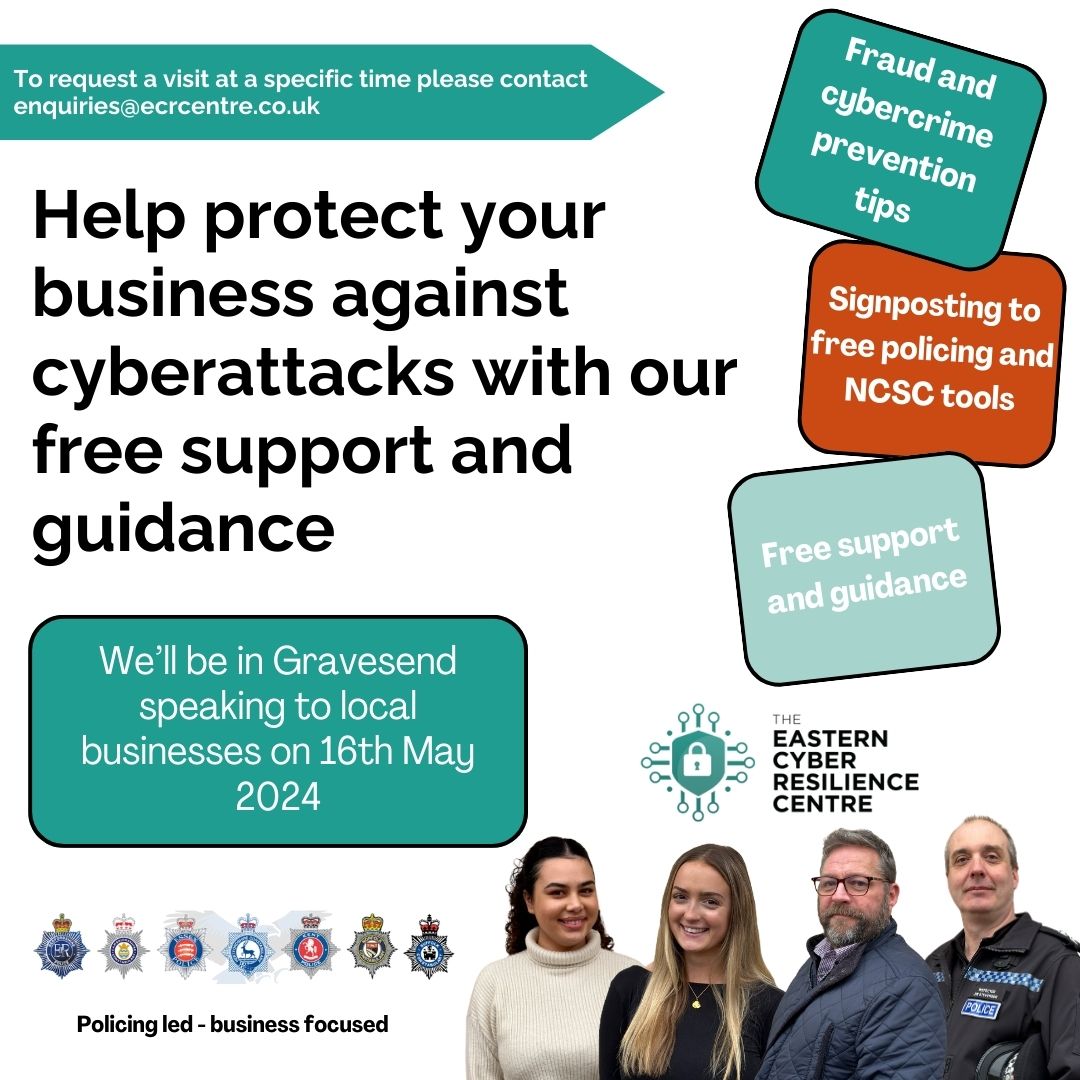 📢Gravesend Businesses Reminder📢 Don't forget we will be visiting businesses in the #Gravesend area this Thursday to spread awareness of online fraud and #cybercrime. 📅16 May, 10 – 14:00 📍Gravesend 👉bit.ly/3TXqCTa #ECRC #cyberresilience #smallbusinesssupport