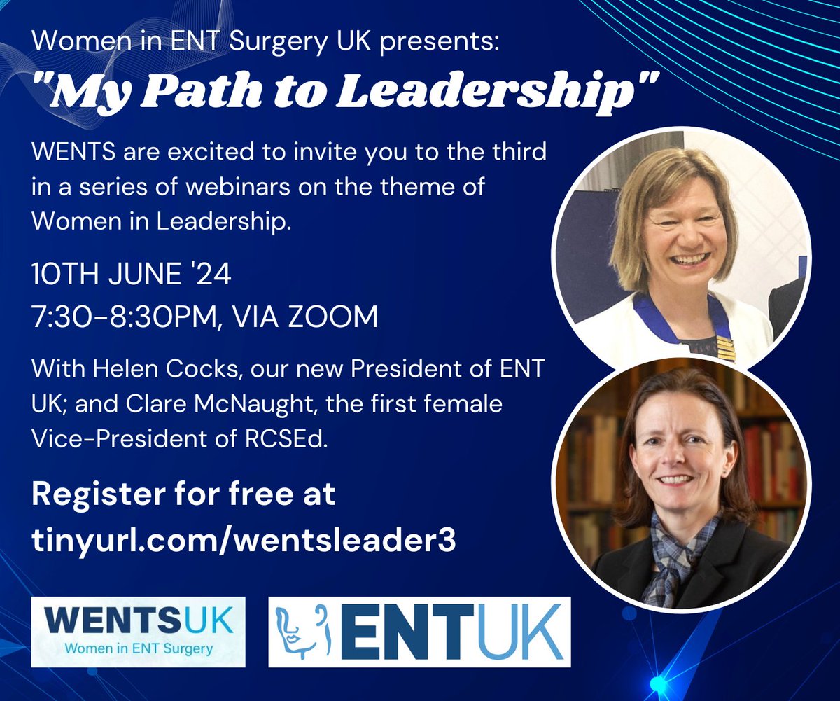 You can now register for our third webinar in the Women in Leadership series! Surgical leaders Ms Helen Cocks (@ENT_UK President) and Ms Clare McNaught (@RCSEd VP) will be joining us on 10th June 🤩 Register here: tinyurl.com/wentsleader3
