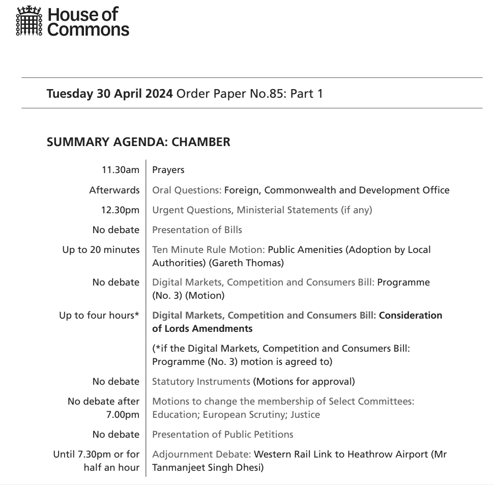 The House of Commons sits from 11.30am today.

Find out what’s on: commonsbusiness.parliament.uk/Document/87115…

The #OrderPaper is published each sitting day and lists the business of the House.

Follow the Chamber in real time: now.parliament.uk