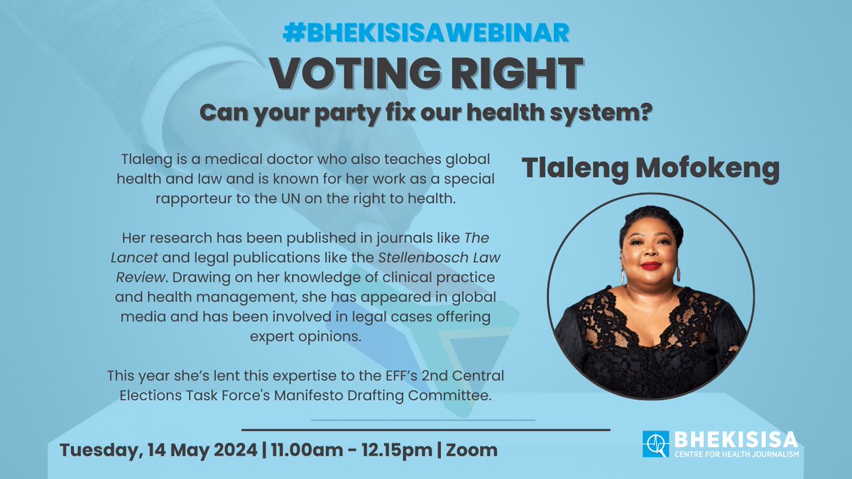 Special rapporteur to @UN, @drtlaleng is a medical doctor and global health teacher. She’ll be talking about @EFFSouthAfrica’s health policies ahead of the #SAElections2024. Register now for the next #BhekisisaWebinar! docs.google.com/forms/d/e/1FAI…