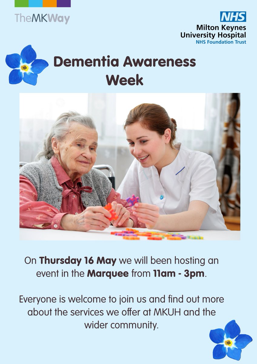 Come and see us at the @MKHospital Dementia Awareness week event on 18 May & find out about available dementia support and services. We'll also be asking you about recent experiences of your GP practice... so come and say hi! 👋 #dementiafriendly #dementiasupport