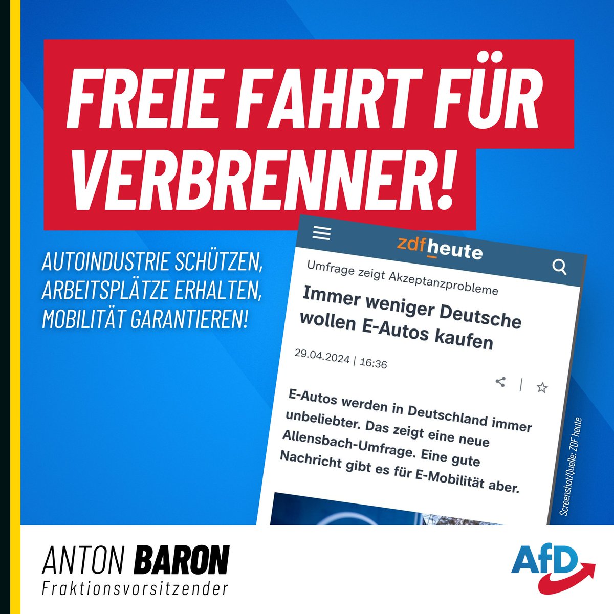 Nur noch 17 Prozent würden sich derzeit für ein E-Auto entscheiden. Das ist der dritte Rückgang in Folge. 2021 waren es noch 24 Prozent.
Die grüne Mobilitätswende muss gestoppt werden. Deshalb AfD!

zdf.de/nachrichten/wi…

#Elektroauto #Verkehrswende #Gruene #Auto #Verbrenner