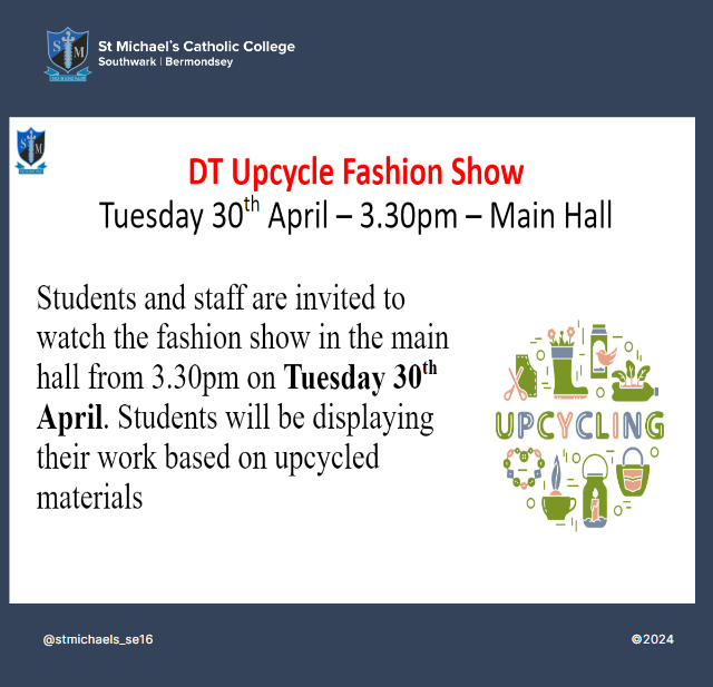 The Upcycle Fashion Show house competition is taking place after school today, we cant wait to see the designs! Thanks to the Eco Committee and DT department for support in promoting and preparing for this event!