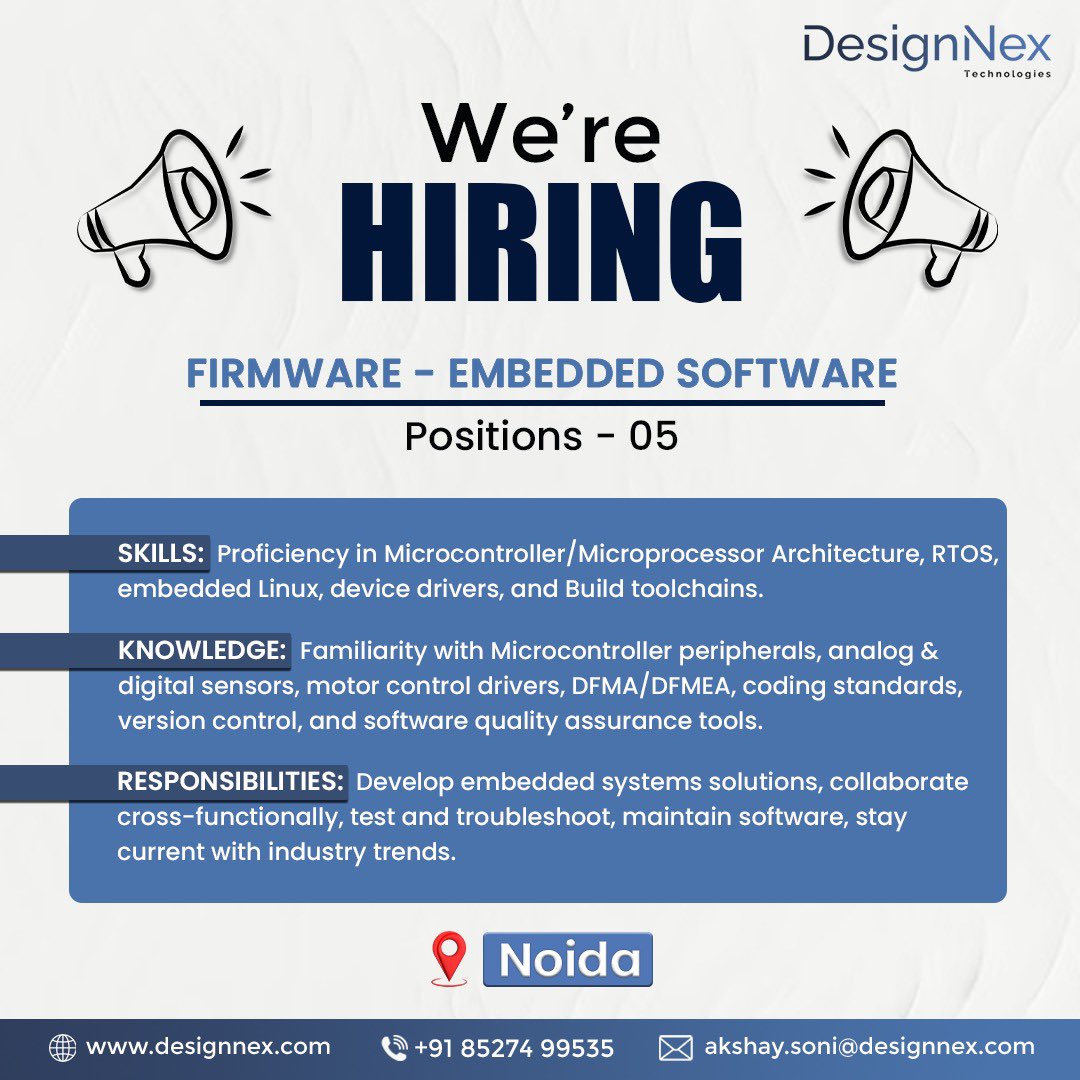 Join our dynamic team at DesignNex! We're seeking experienced Engineers proficient in Firmware - Embedded Software (5+ years)

Join us and excel! 

#HiringNow #EngineeringJobs #CareerOpportunity #hiring #jobs #openings #EmbeddedSoftware