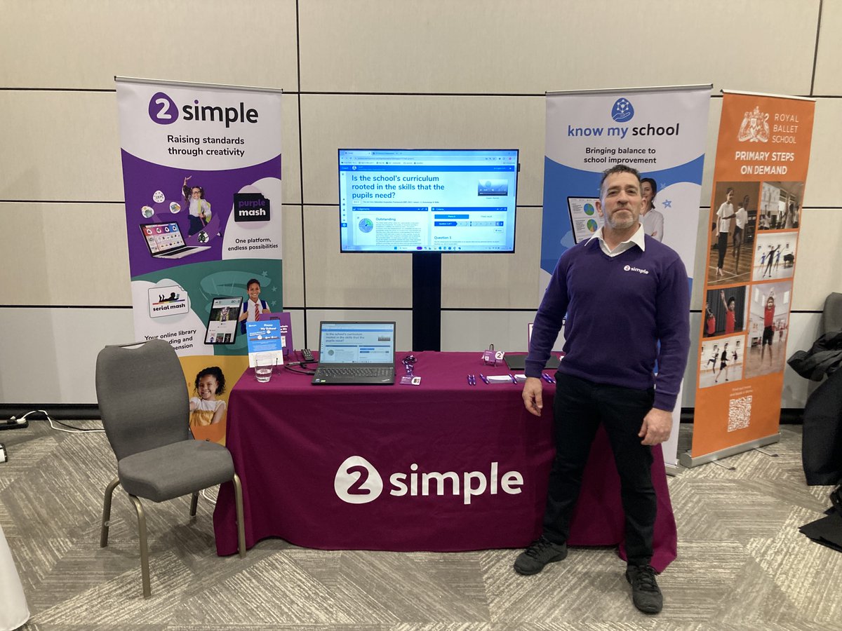2SimpleSoftware's tweet photo. We're at the @CSTvoice #Schoolmprovement Conference today! If you're attending, make sure to stop by Stand 4 for a chat with Andy about how our resources can help you and your school!

#PurpleMash #KnowMySchool #2Simple https://t.co/NaNN4FW5va